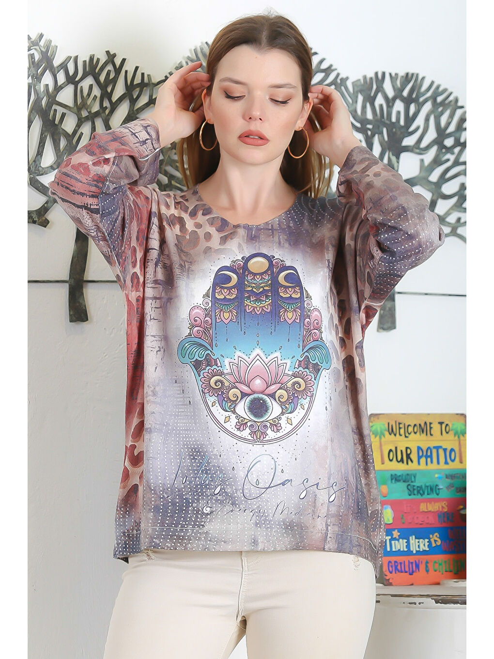 Karışık İtalyan Çok Renkli Havuz Yaka Uzun Kol Dijital Baskılı Casual Triko Bluz-4