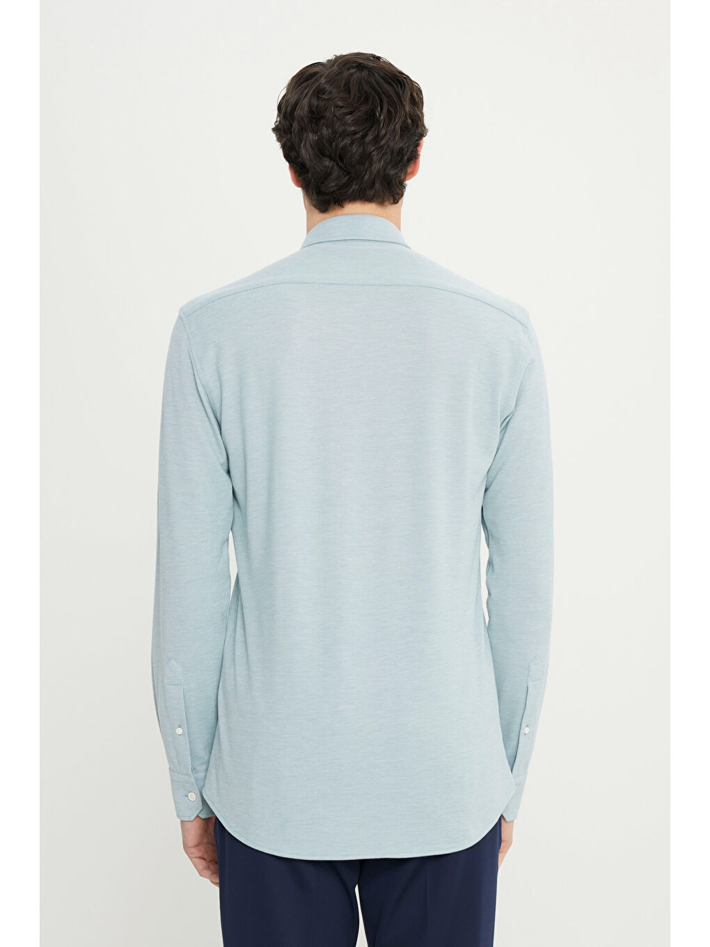 Erkek Petrol 360 Her Yöne Esneyen Pamuklu Dar Kesim Düğmeli Yaka Örme Gömlek-4