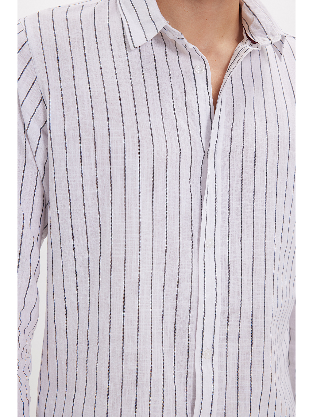 Beyaz Erkek Slim Fit Dar Kesim Uzun Kollu %100 Pamuk Keten Doku Çizgili Gömlek-3