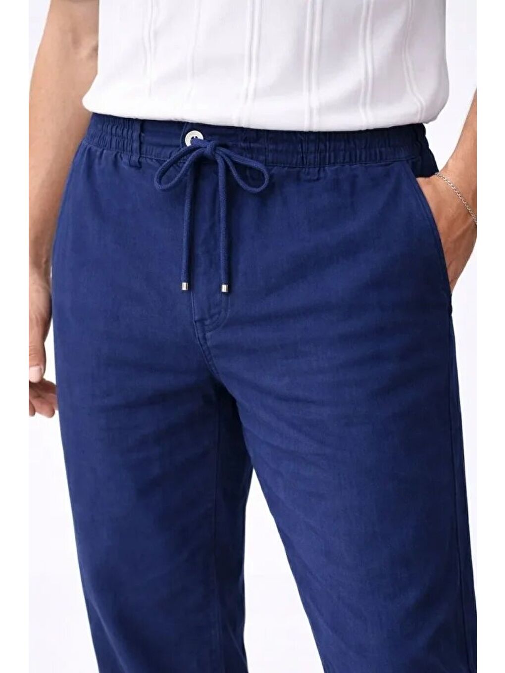 İndigo Erkek Keten Cepli Pantolon Lastikli Bel Bağcıklı Önden Fermuarlı-2