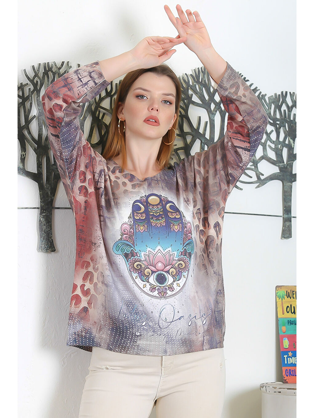 Karışık İtalyan Çok Renkli Havuz Yaka Uzun Kol Dijital Baskılı Casual Triko Bluz-5