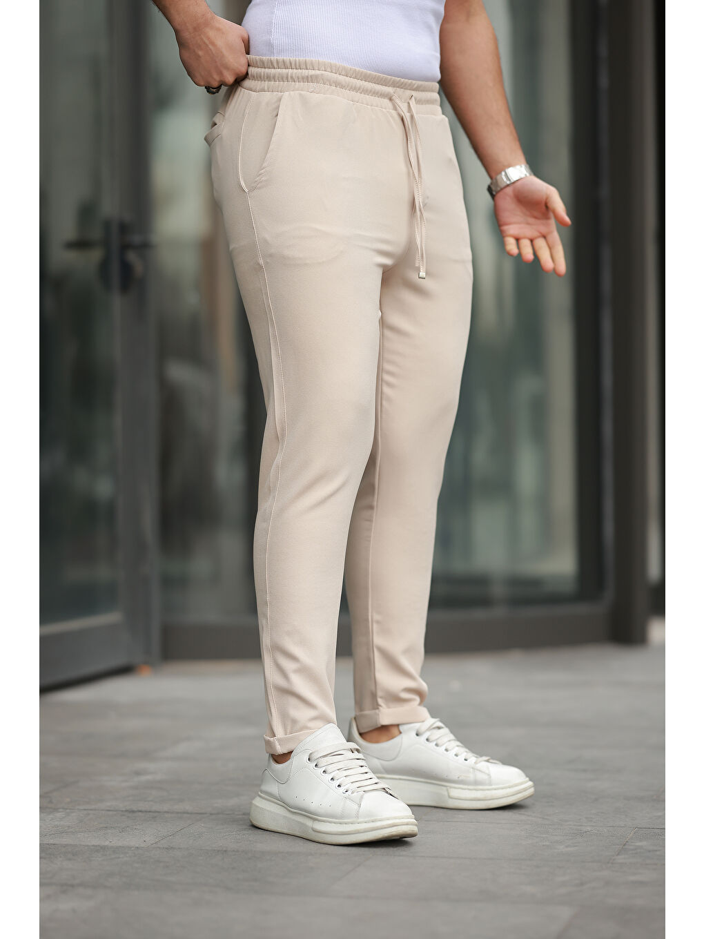 Ekru Trend Beli Lastikli Duble Paça Erkek Pantolon