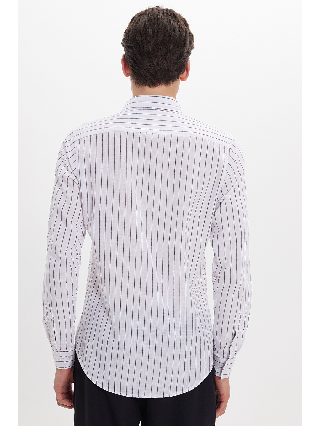 Beyaz Erkek Slim Fit Dar Kesim Uzun Kollu %100 Pamuk Keten Doku Çizgili Gömlek-4