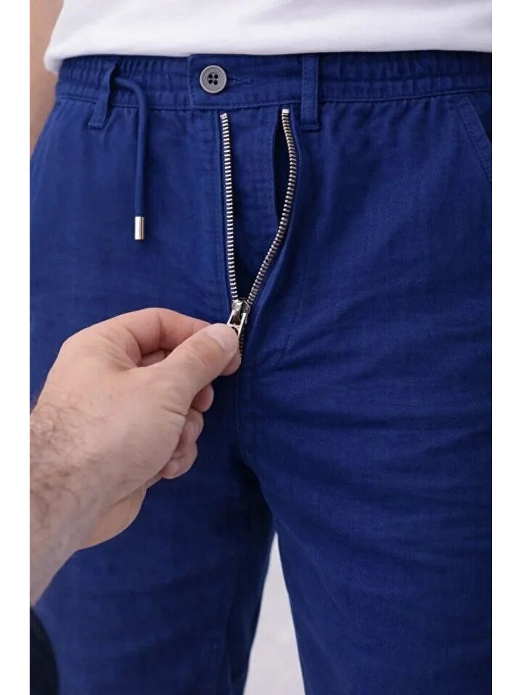 İndigo Erkek Keten Cepli Pantolon Lastikli Bel Bağcıklı Önden Fermuarlı-3