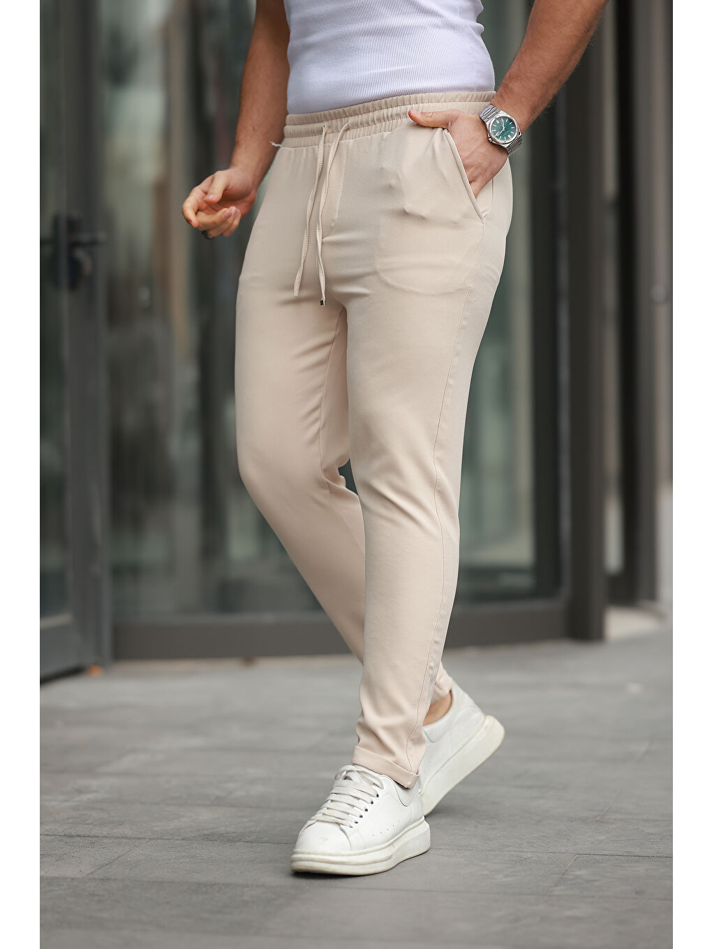 Ekru Trend Beli Lastikli Duble Paça Erkek Pantolon-1