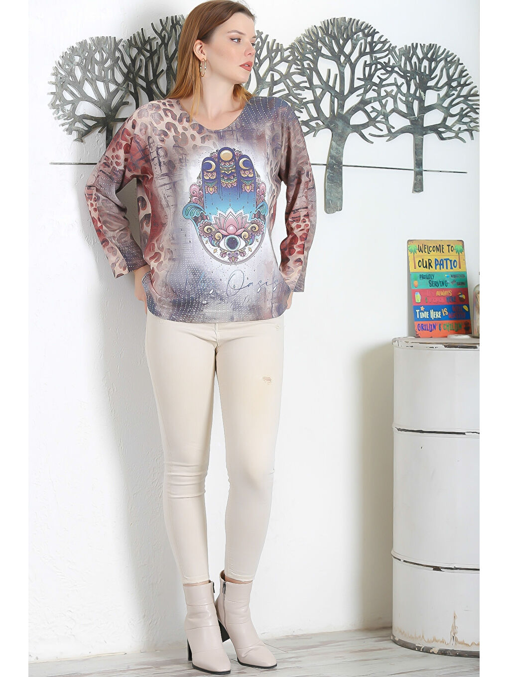 Karışık İtalyan Çok Renkli Havuz Yaka Uzun Kol Dijital Baskılı Casual Triko Bluz-6