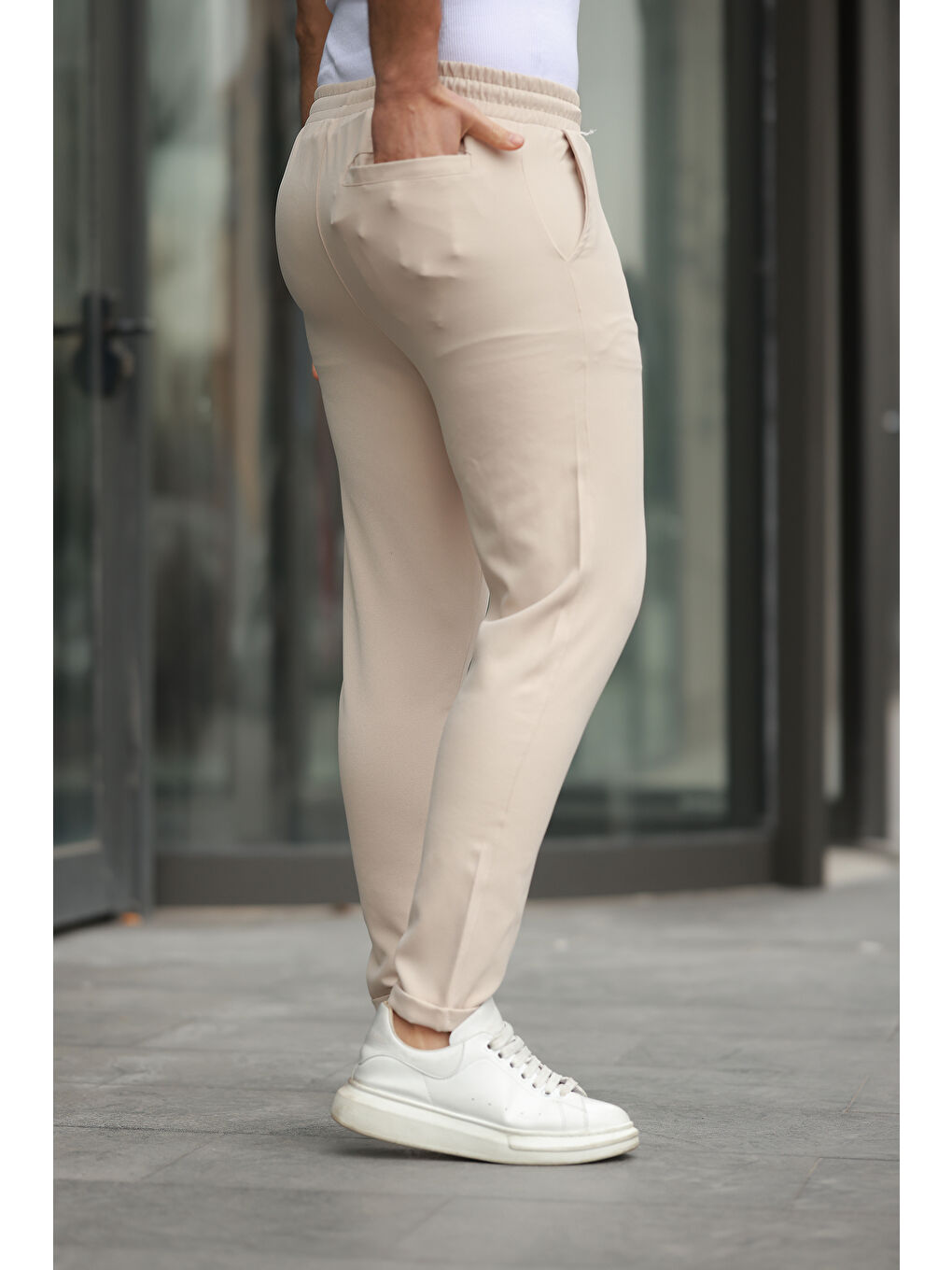 Ekru Trend Beli Lastikli Duble Paça Erkek Pantolon-2