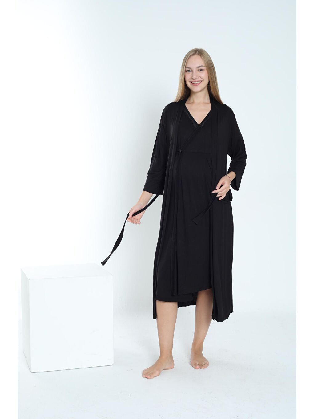 Siyah Sabahlıklı Hamile ve Lohusa Gecelik Takımı
