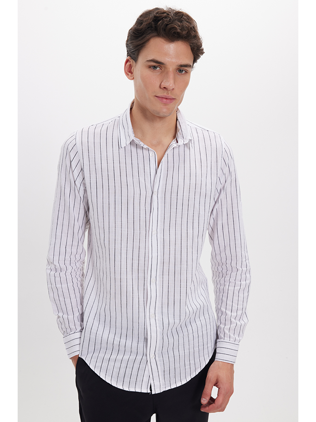 Beyaz Erkek Slim Fit Dar Kesim Uzun Kollu %100 Pamuk Keten Doku Çizgili Gömlek-6