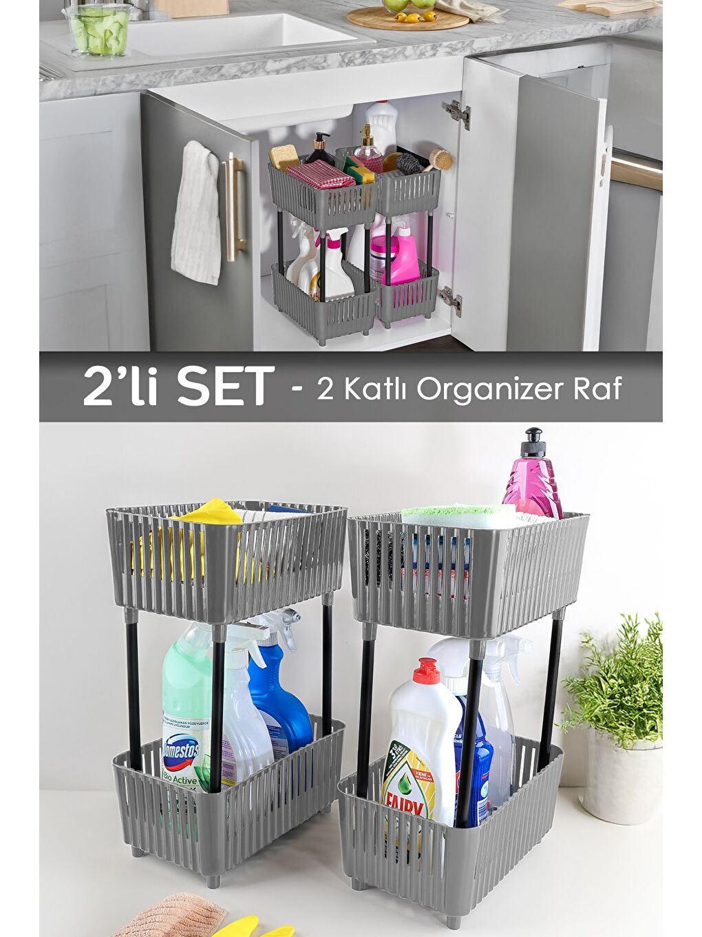 2 Adet 2 Katlı Düzenleyici Mutfak Banyo Rafı Tezgah Altı Raf Evye Altı Dolap Organizer Gri