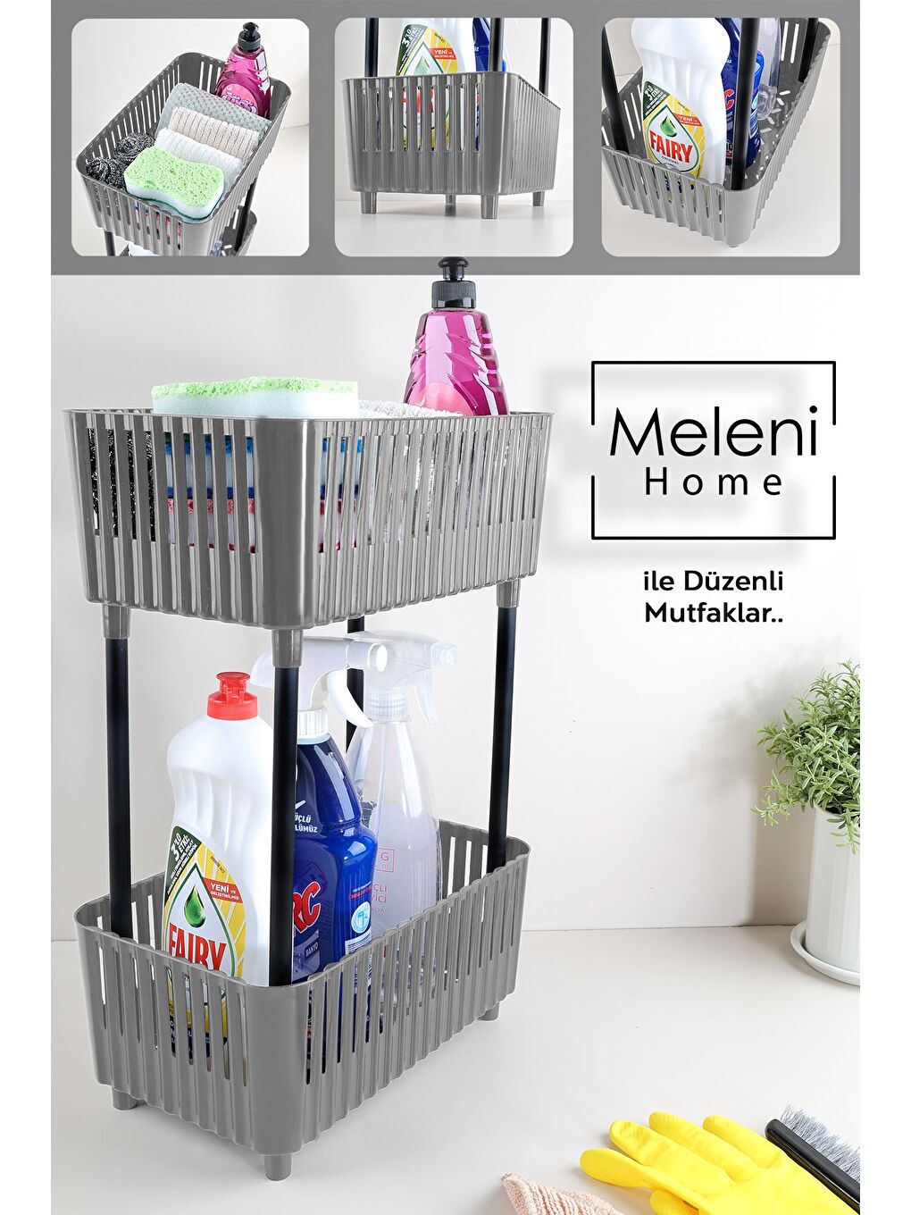 2 Adet 2 Katlı Düzenleyici Mutfak Banyo Rafı Tezgah Altı Raf Evye Altı Dolap Organizer Gri-1
