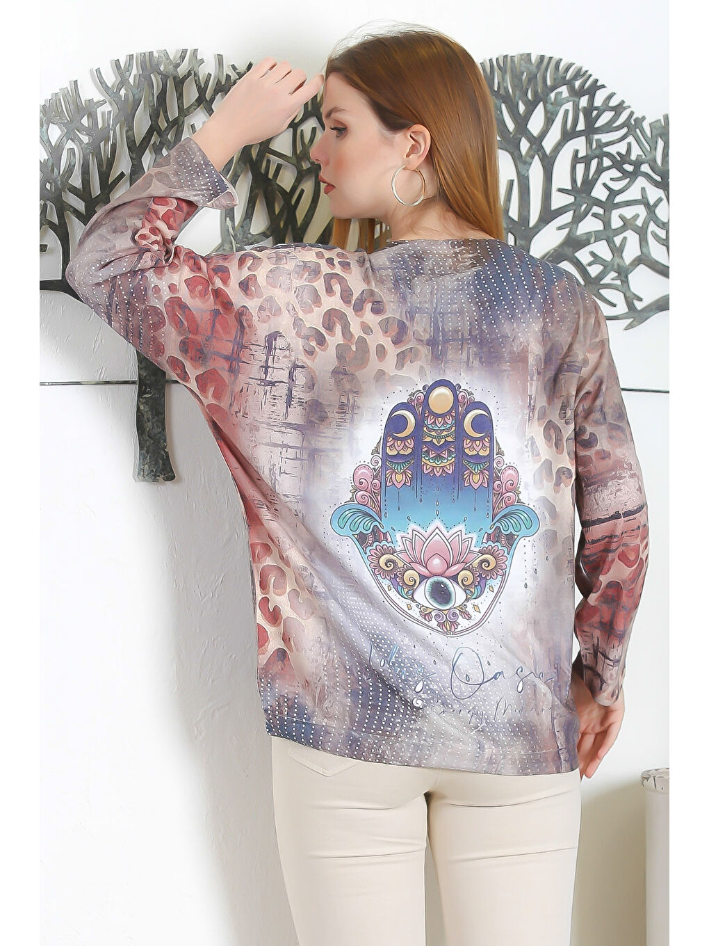 Karışık İtalyan Çok Renkli Havuz Yaka Uzun Kol Dijital Baskılı Casual Triko Bluz-7