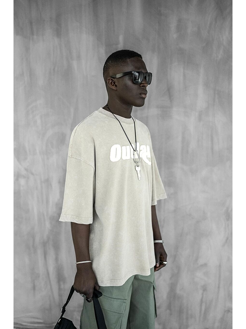 Erkek Yıkamalı Yumuşak Dokulu Oversize Tişört Açık Bej-1