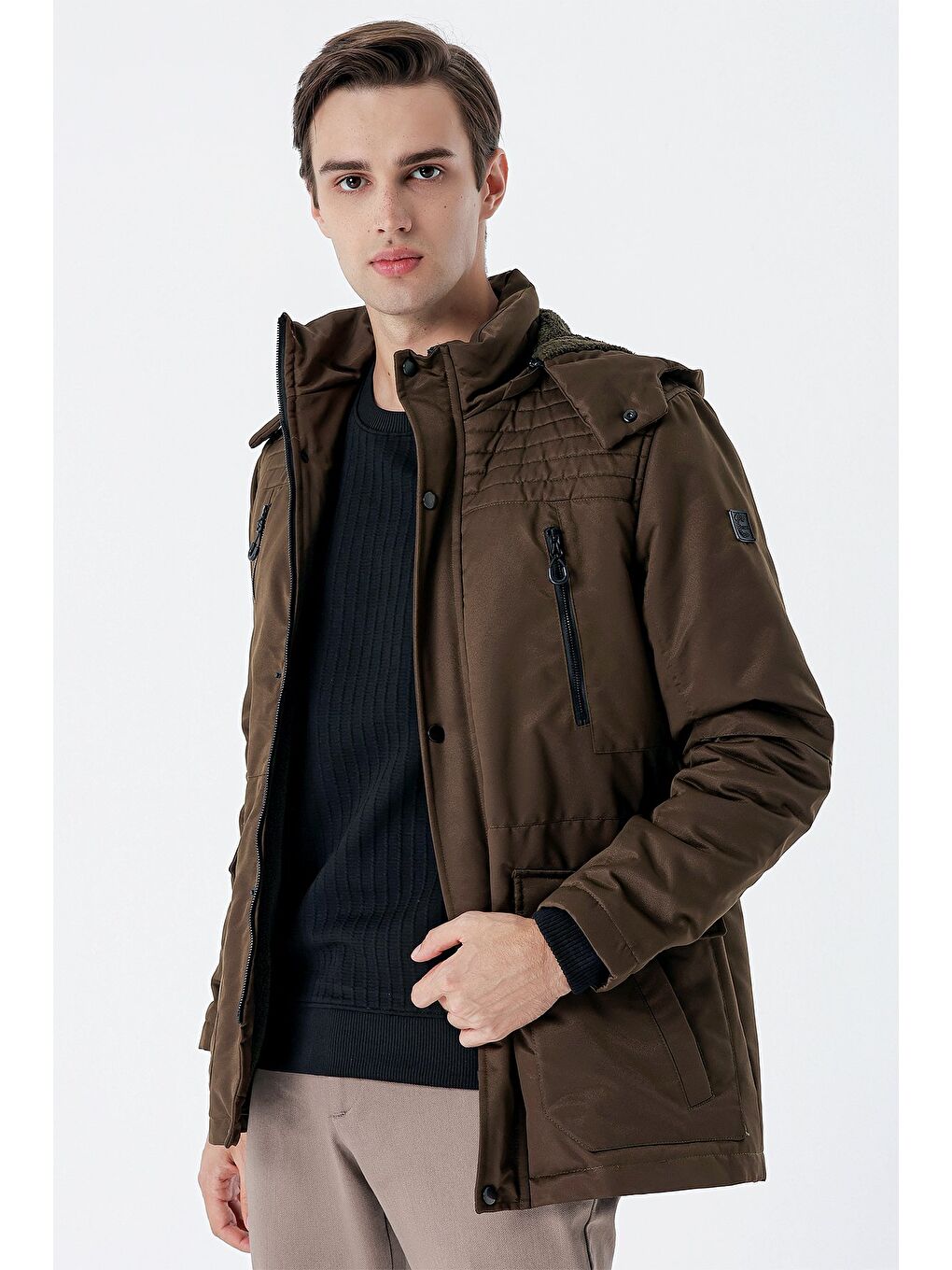 Koyu Haki Gabardin Hakim Yaka Astarlı Slim Fit Dar Kesim Klasik Kaban 1008235157