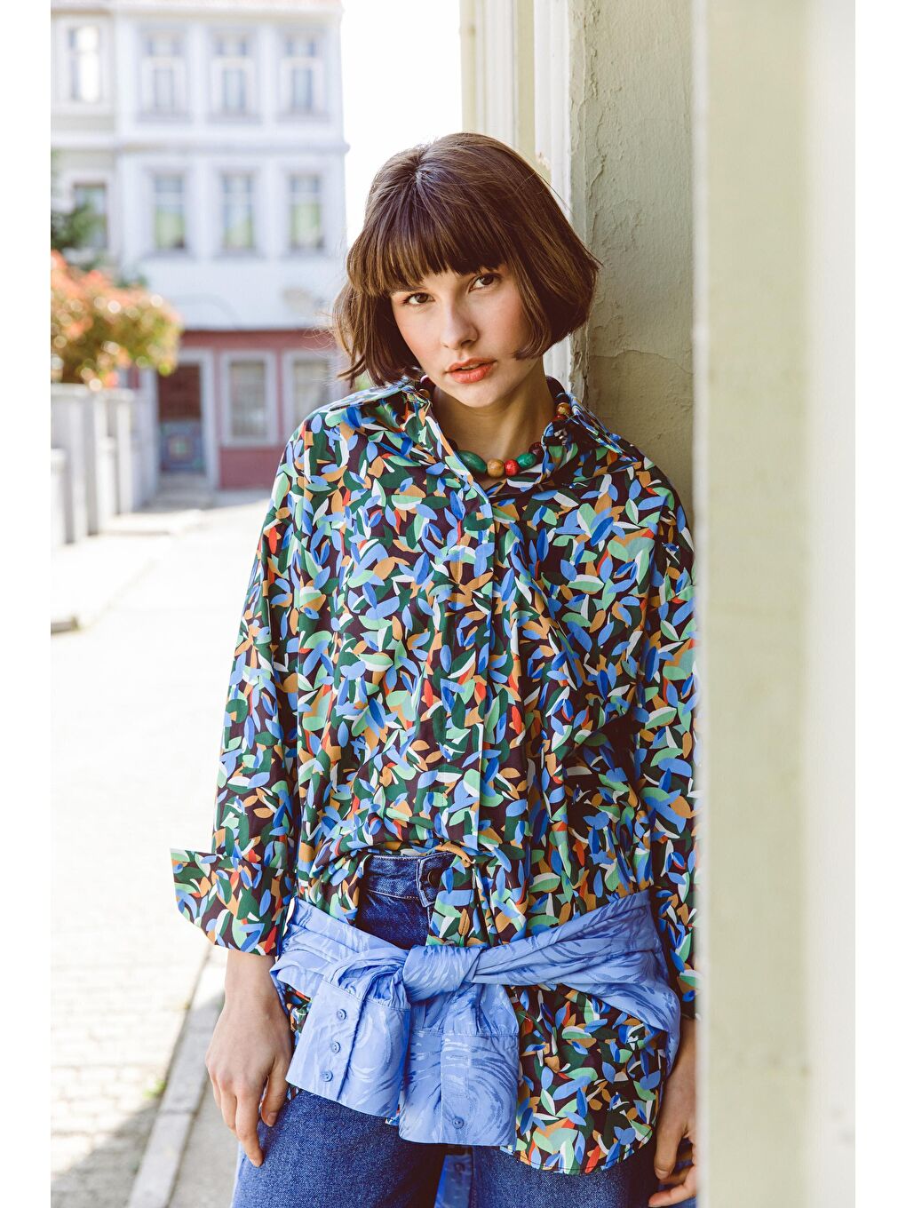 Siyah-Yeşil %100 Pamuk Desenli Gizli Patlı Gömlek Tunik