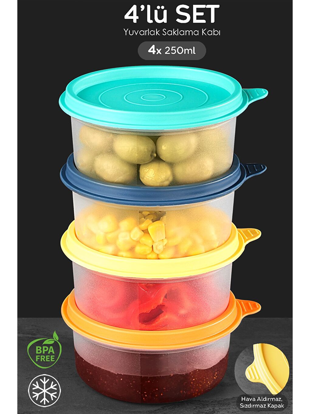 Karışık 4'lü Yuvarlak Gıda Saklama Kabı Seti 4x250 ml Renkli