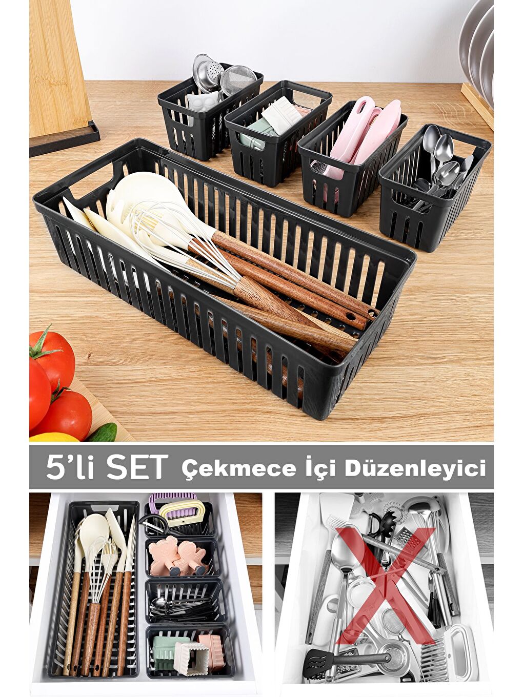 5 Parça Modüler Çekmece İçi Organizer Set Banyo Mutfak Makyaj Aksesuar Ofis Düzenleyici Siyah