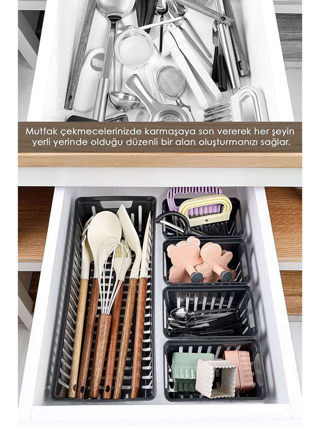 5 Parça Modüler Çekmece İçi Organizer Set Banyo Mutfak Makyaj Aksesuar Ofis Düzenleyici Siyah-1