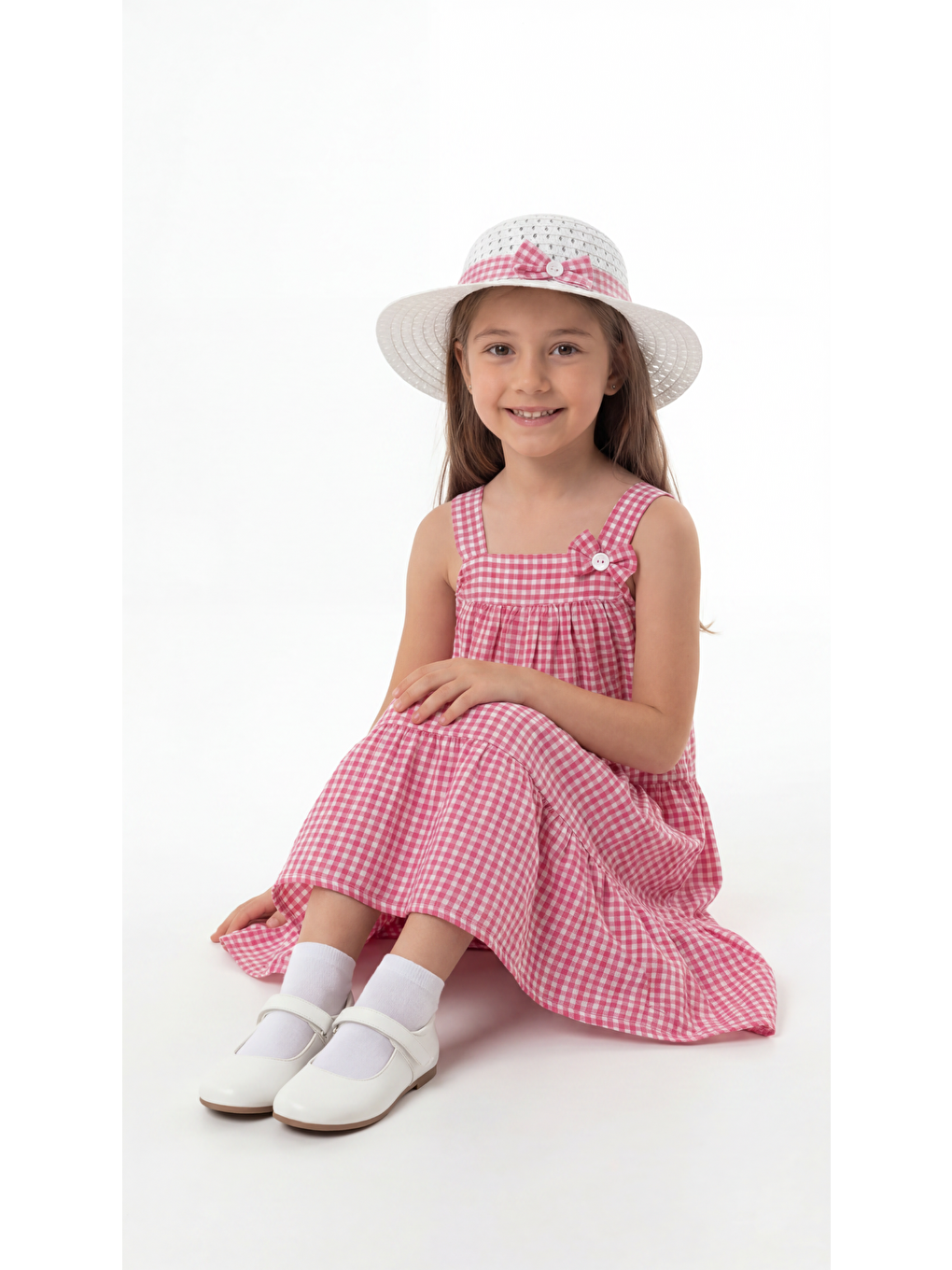 Pembe Şapkalı Fiyonklu Pötikare Kız Çocuk Elbise-3