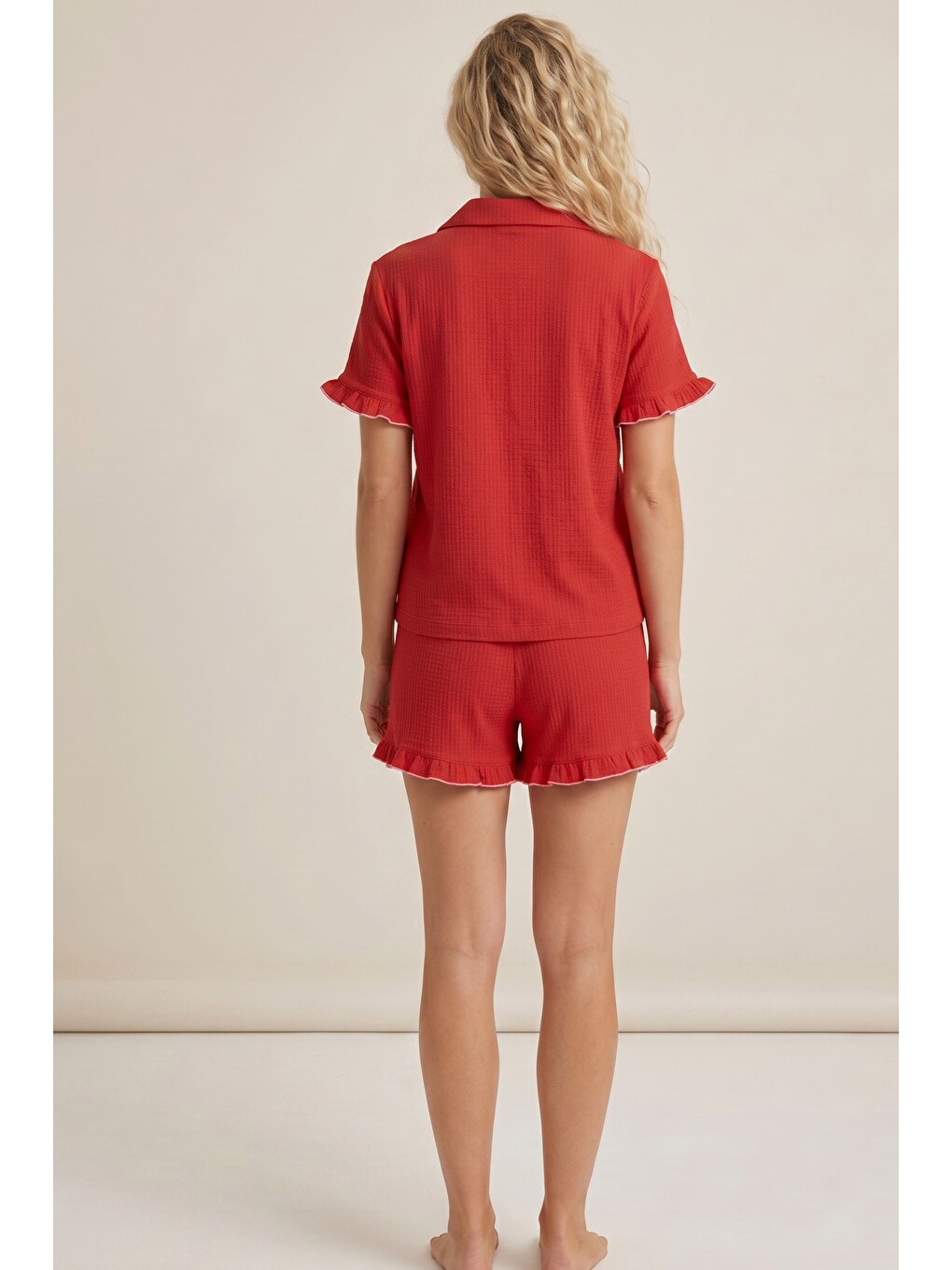 Kırmızı Nakışlı Bürümcük-krınkıl Kısa Kollu Düğmeli Şortlu Pijama Takım 8058-2