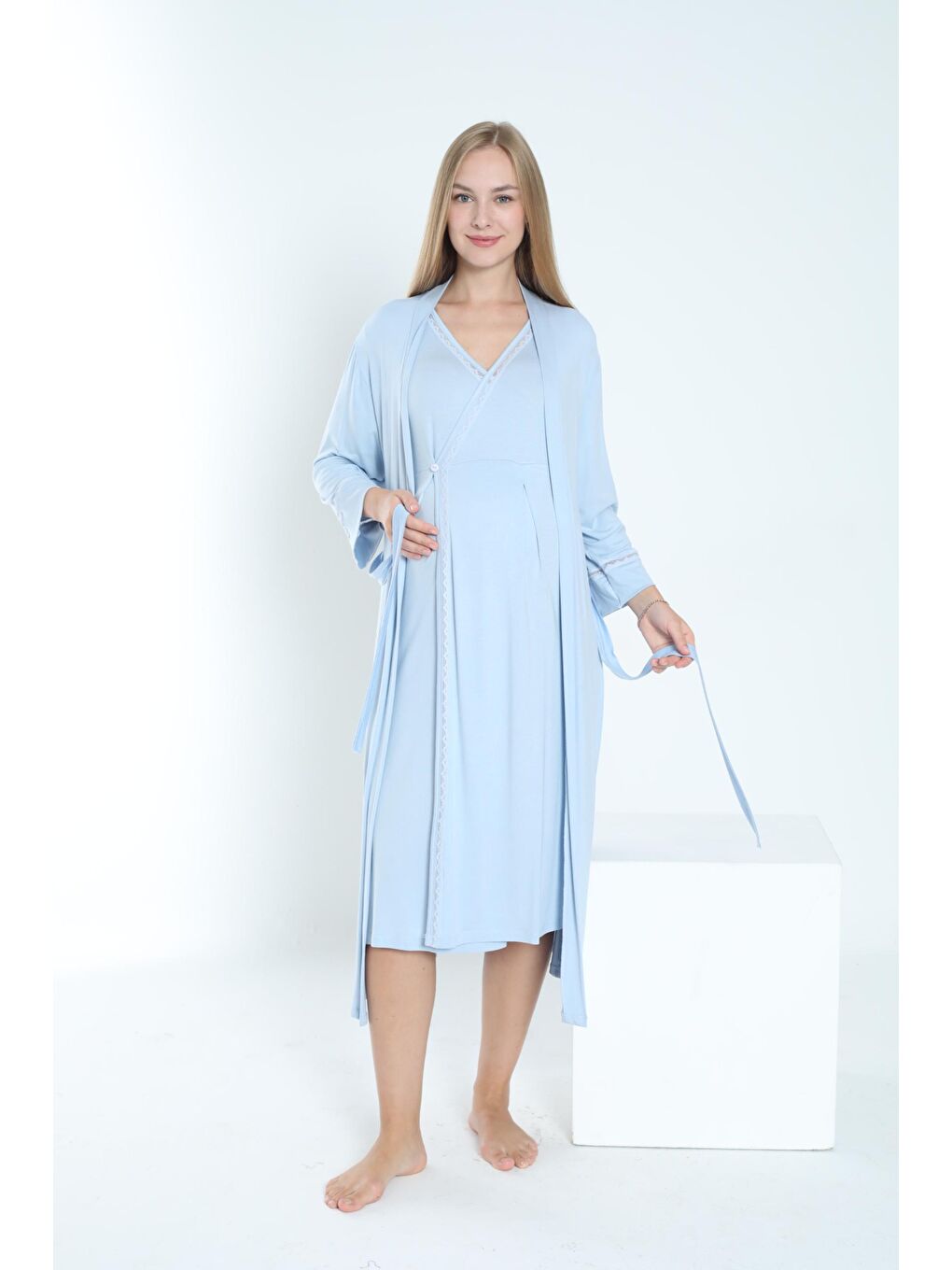 Bebek Mavisi Sabahlıklı Hamile ve Lohusa Gecelik Takımı