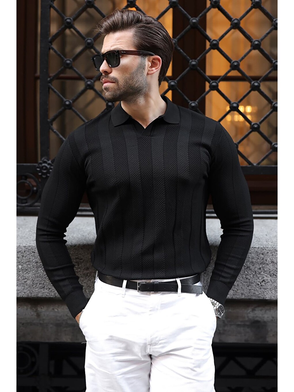 Siyah Regular Fit Polo Yaka Triko Erkek Kazak E7509-1