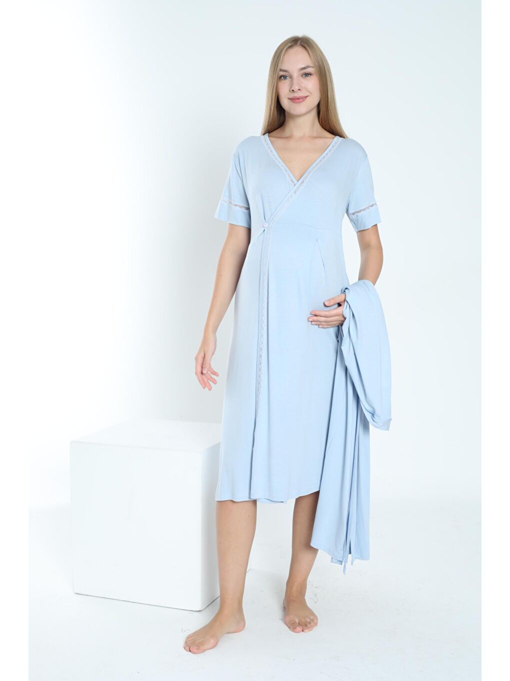 Bebek Mavisi Sabahlıklı Hamile ve Lohusa Gecelik Takımı-3