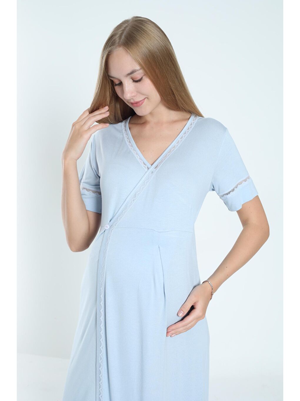 Bebek Mavisi Sabahlıklı Hamile ve Lohusa Gecelik Takımı-6