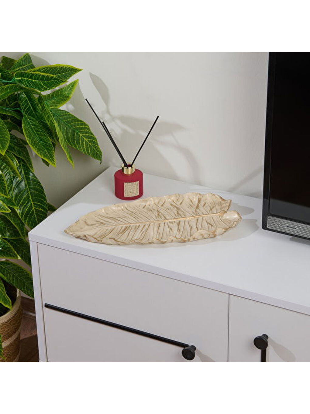 Deco Leaf Dekoratif Tabak - Beyaz / Gold - 37x16 cm-1