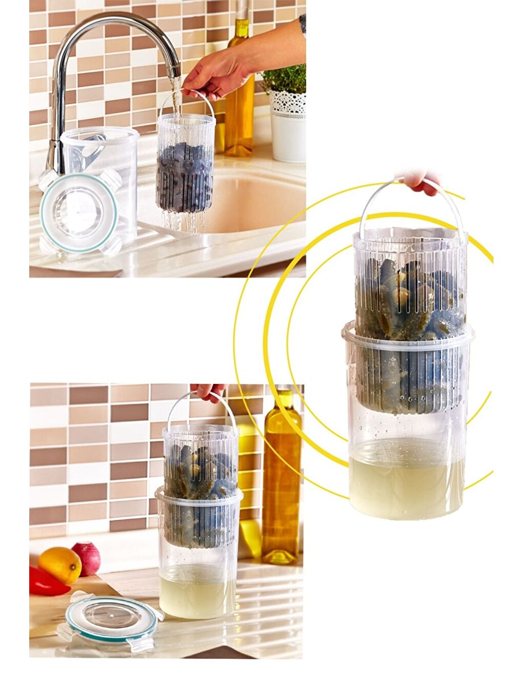 Renksiz Zeytinlik Süzgeçli Zeytin Turşu Saklama Kabı 1,5 lt