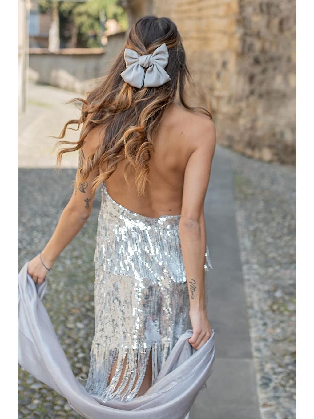 Saten Kurdeleli Fiyonk Kadın Saç Tokası Gri-2