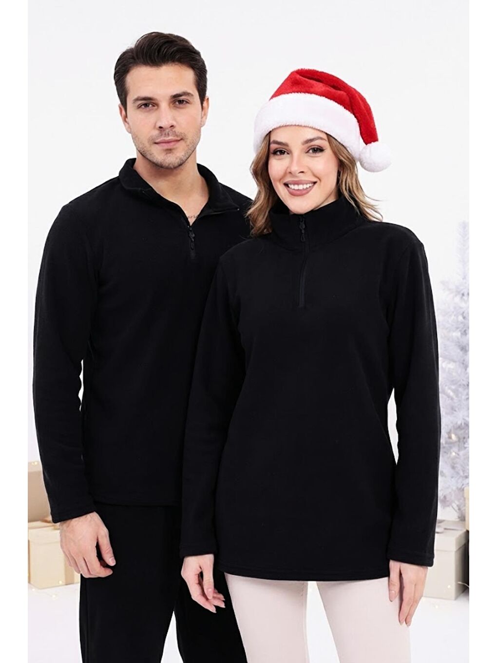 Siyah Unisex Yarım Fermuar Standart Fit Dik Yaka Soğuk Geçirmez Basic Polar Sweat
