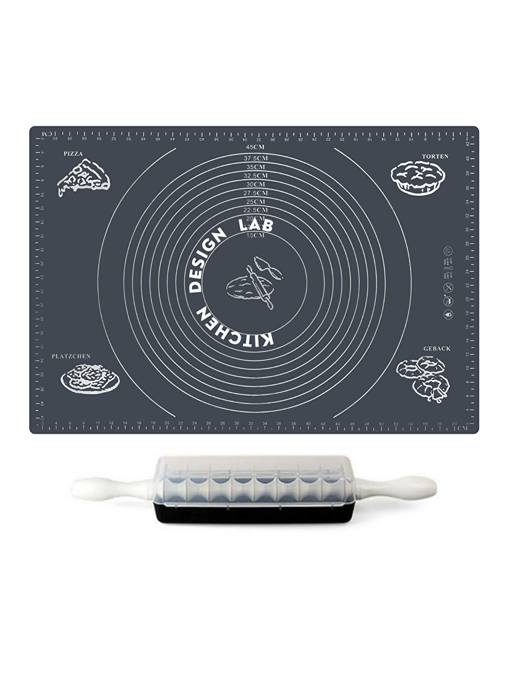 2'li Set Gri 45x65 cm Silikon Hamur Açma Matı ve 9 Bıçaklı Mantımatik