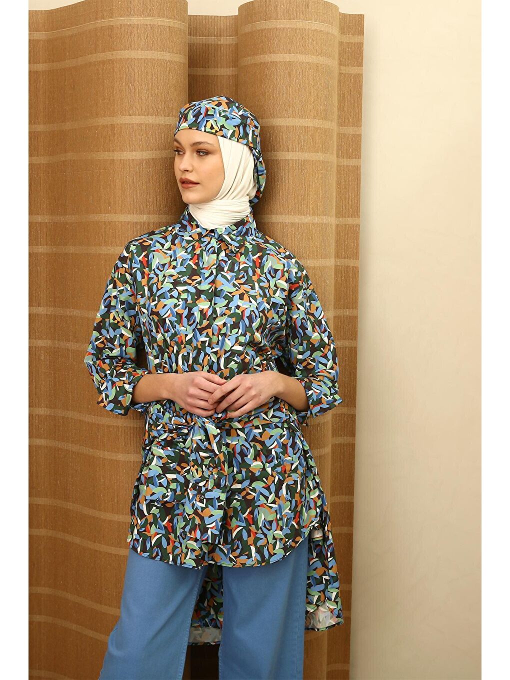 Siyah-Yeşil %100 Pamuk Desenli Gizli Patlı Gömlek Tunik-1