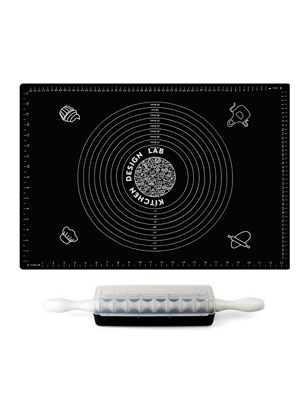 2'li Set Siyah 45x65 cm Silikon Hamur Açma Matı ve 9 Bıçaklı Mantımatik