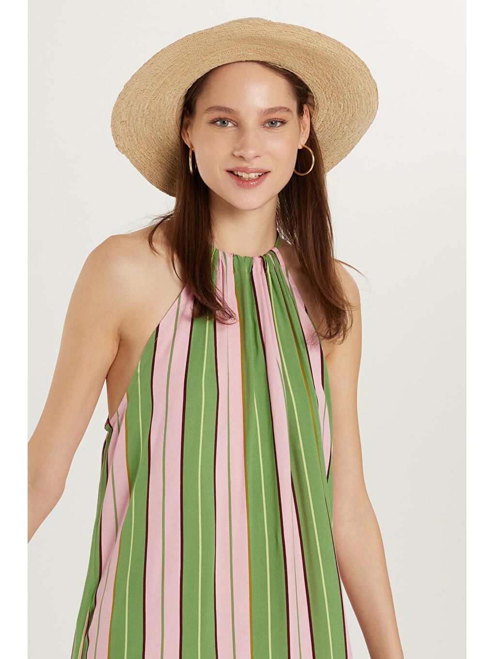 Karışık Kadın Standart Fit Viskon Kuşaklı Çizgili Uzun Elbise-1