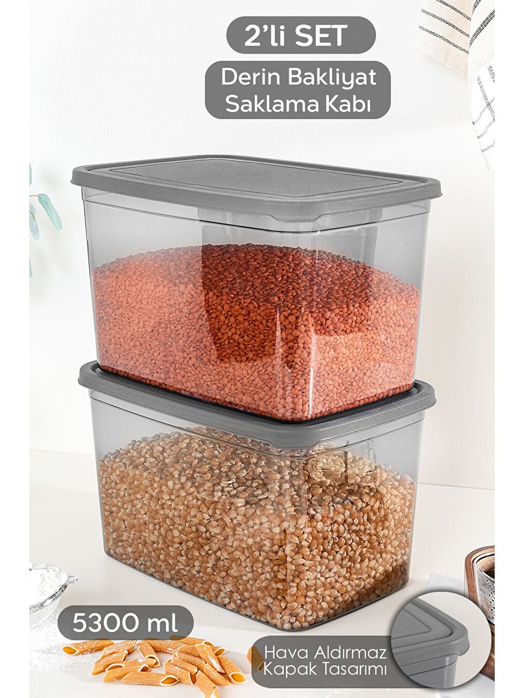 2 Adet Derin Erzak Saklama Kabı Büyük Boy Gıda Un Bakliyat Kabı Erzak Kutusu Antrasit 5300 ml