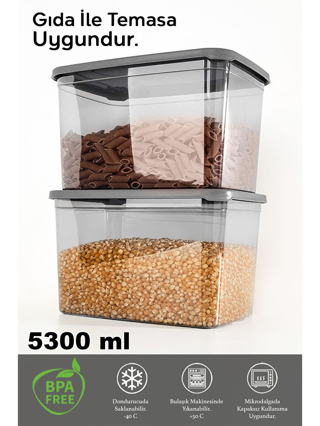 2 Adet Derin Erzak Saklama Kabı Büyük Boy Gıda Un Bakliyat Kabı Erzak Kutusu Antrasit 5300 ml-1