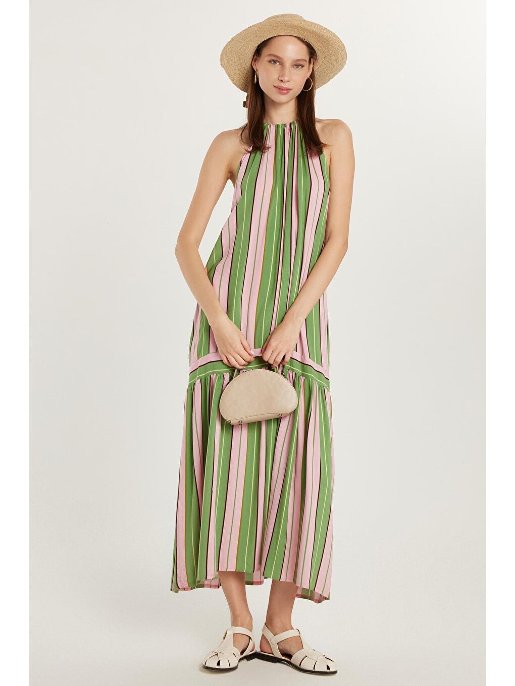 Karışık Kadın Standart Fit Viskon Kuşaklı Çizgili Uzun Elbise-3