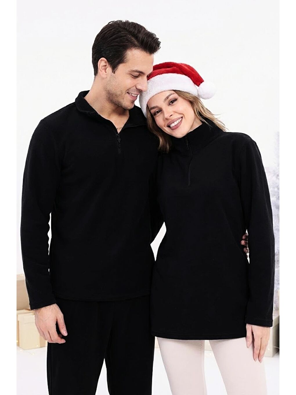 Siyah Unisex Yarım Fermuar Standart Fit Dik Yaka Soğuk Geçirmez Basic Polar Sweat-1