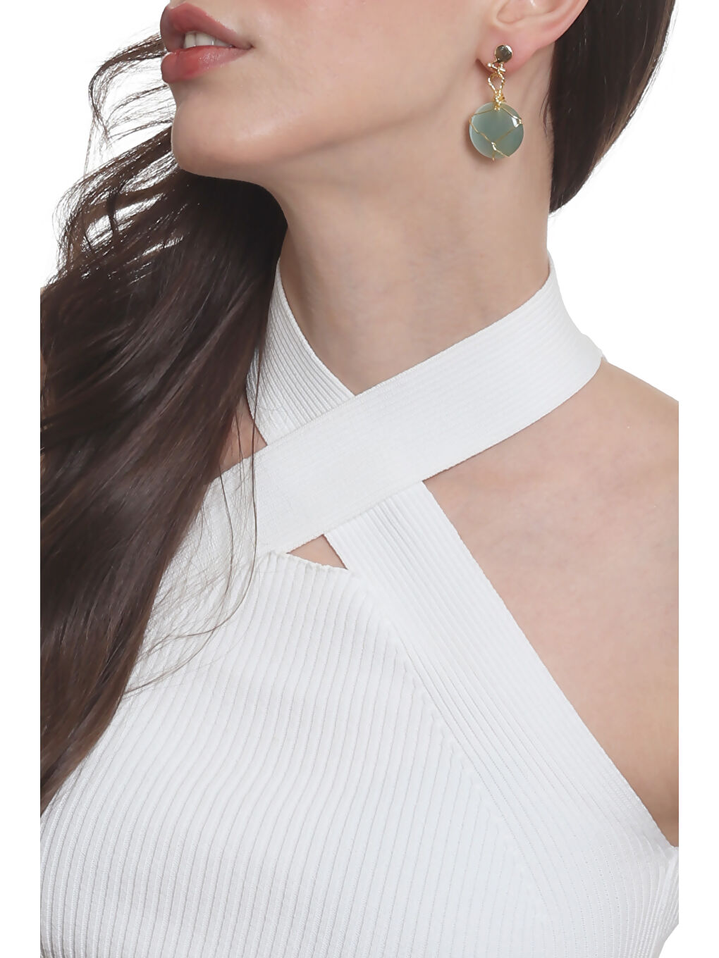 Turkuaz Kadın Çivili Model Altın Renk Tel Sarma Tasarım Kedigözü Küpe-2