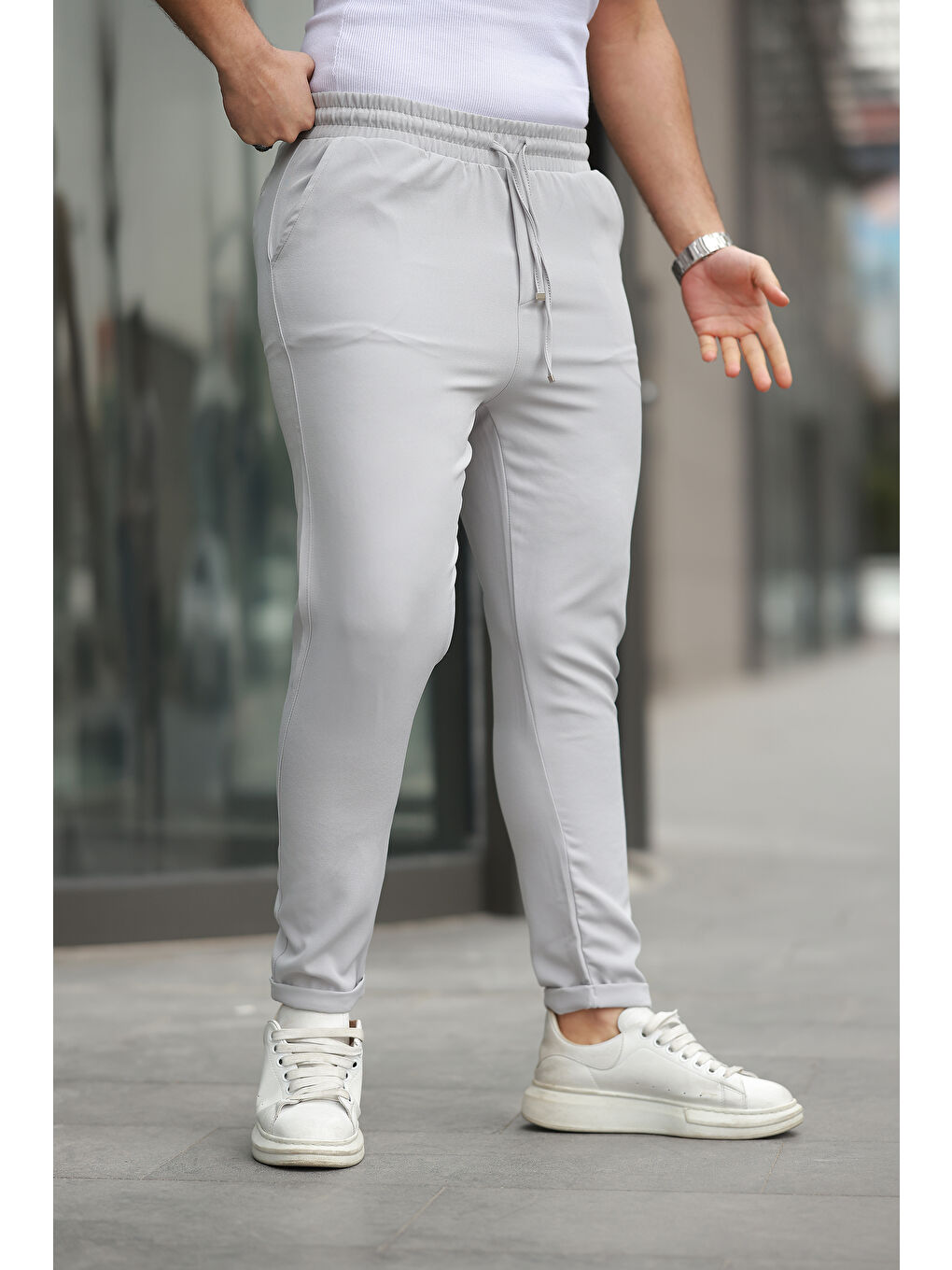 Gri Trend Beli Lastikli Duble Paça Erkek Pantolon