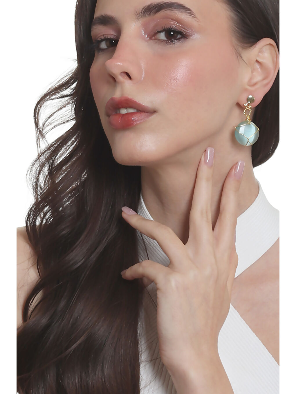 Turkuaz Kadın Çivili Model Altın Renk Tel Sarma Tasarım Kedigözü Küpe-3