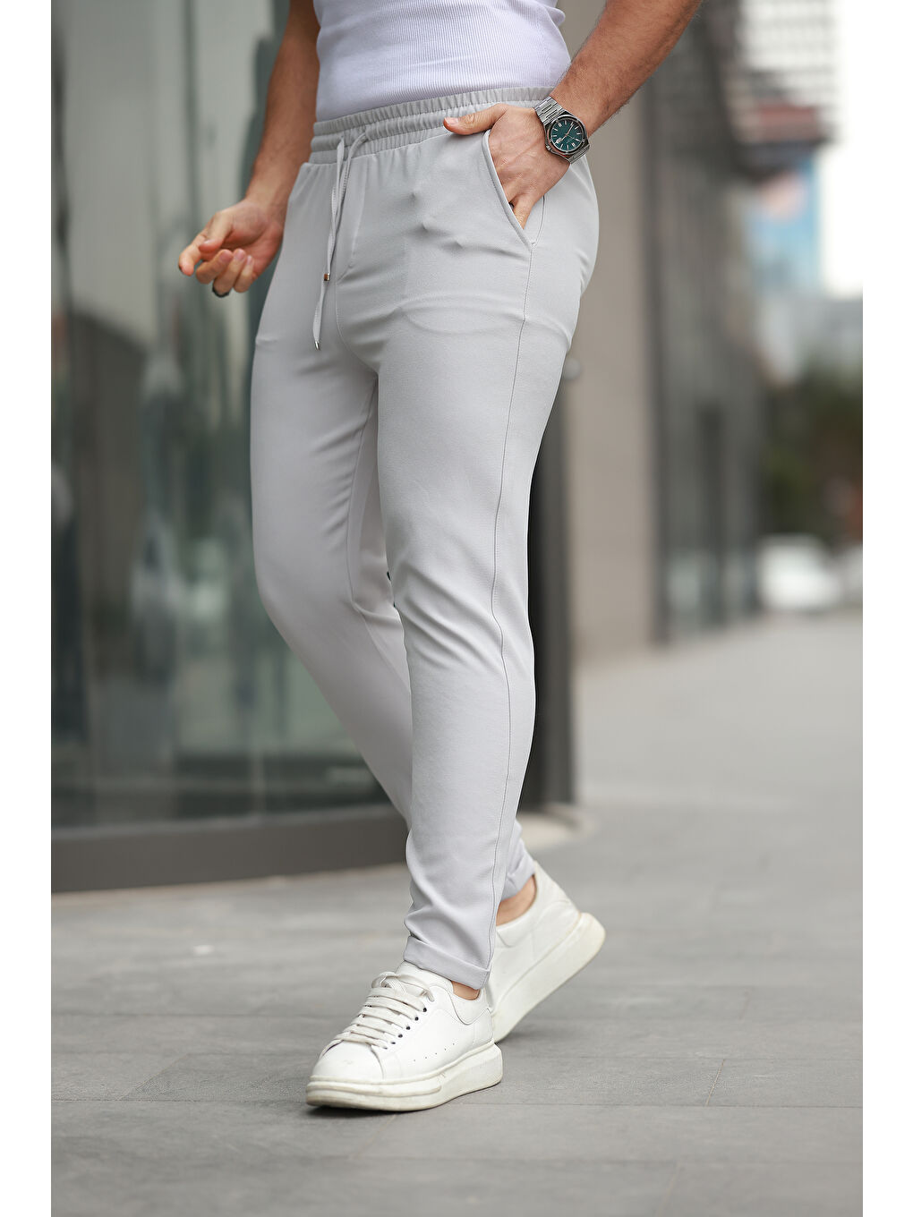 Gri Trend Beli Lastikli Duble Paça Erkek Pantolon-1