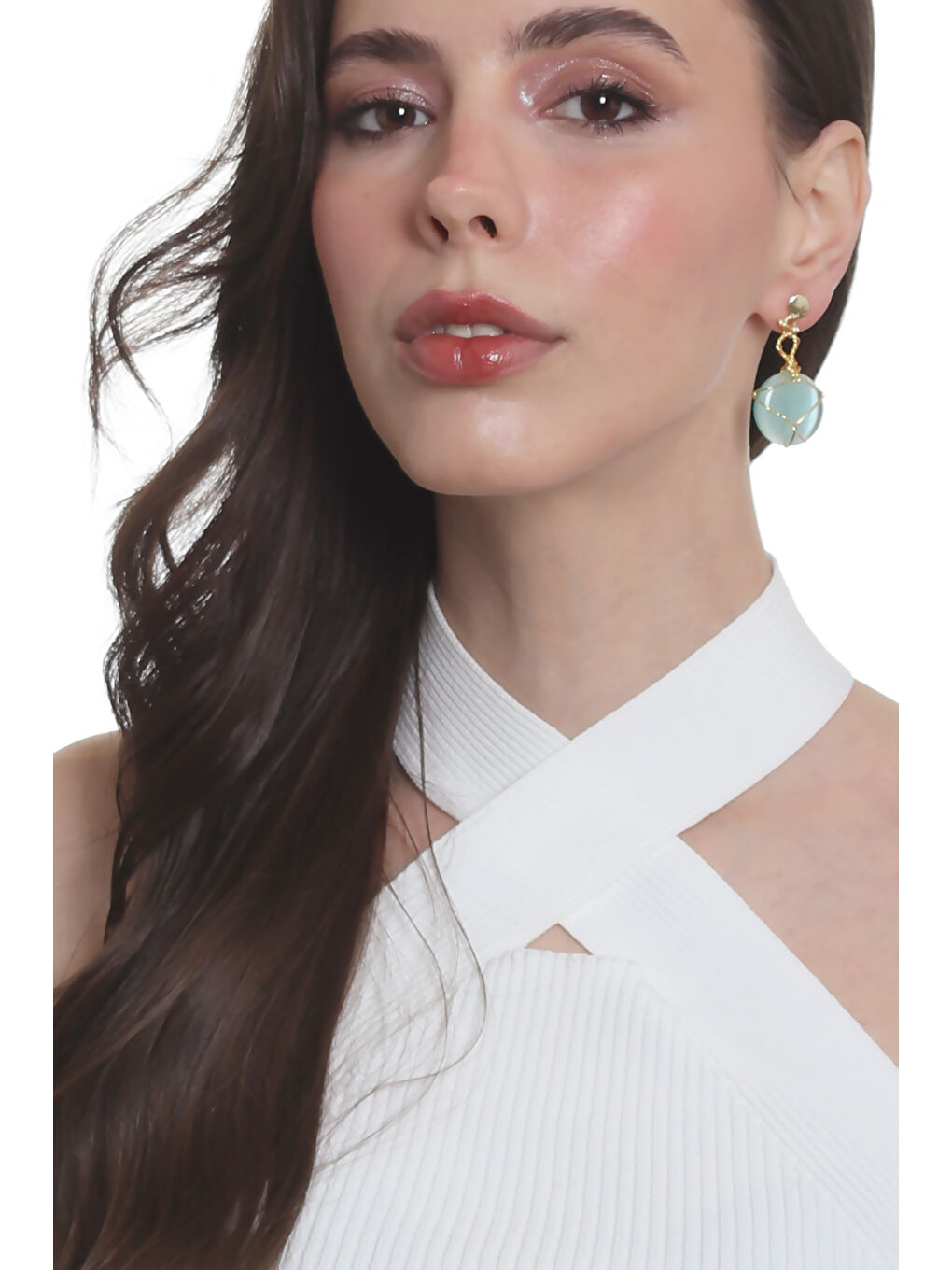 Turkuaz Kadın Çivili Model Altın Renk Tel Sarma Tasarım Kedigözü Küpe-4