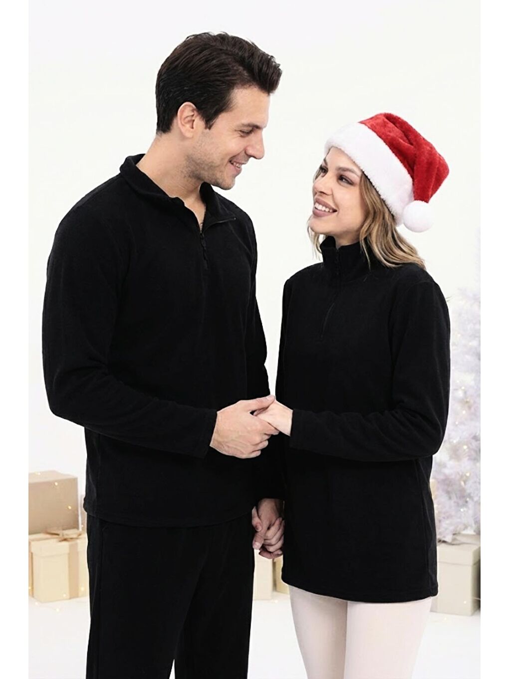 Siyah Unisex Yarım Fermuar Standart Fit Dik Yaka Soğuk Geçirmez Basic Polar Sweat-2