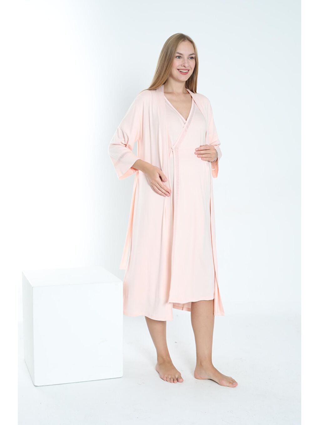 Pembe Somon Sabahlıklı Hamile ve Lohusa Gecelik Takımı