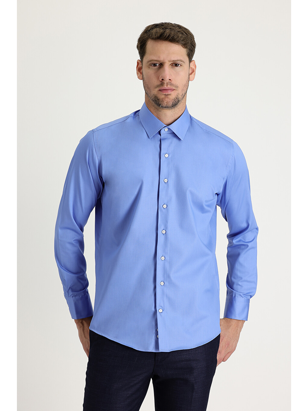 Mavi Uzun Kol Slim Fit Dar Kesim Pamuklu Non Iron Saten Klasik Gömlek