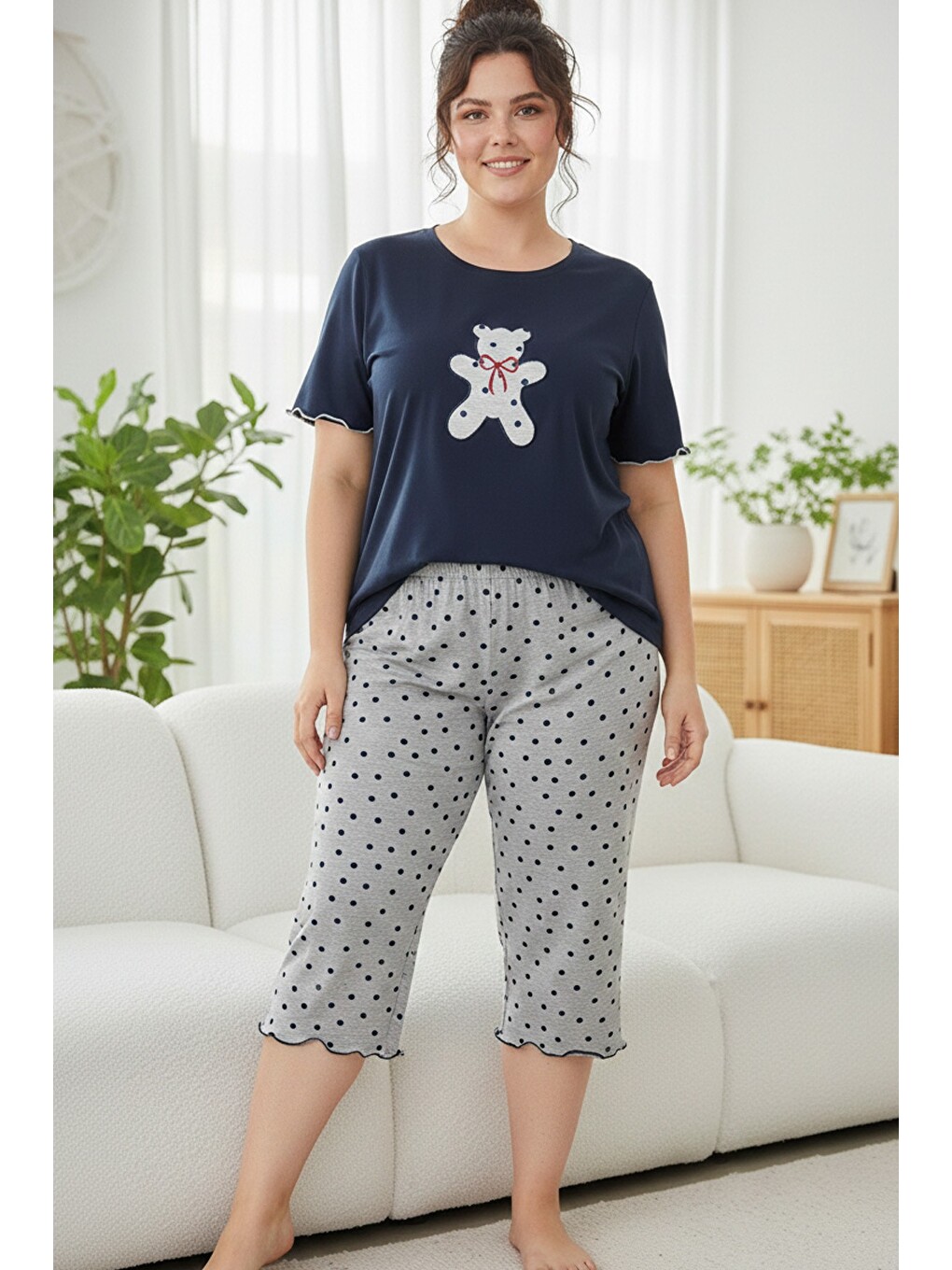 Lacivert Desenli Pamuklu Büyük Beden Battal Boy Örme Kapri Pijama Takım-1