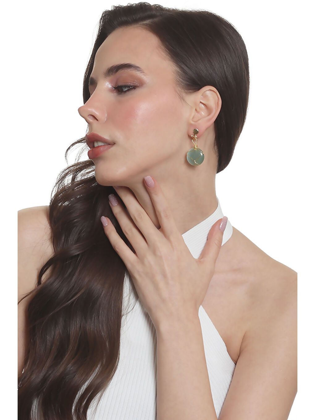 Turkuaz Kadın Çivili Model Altın Renk Tel Sarma Tasarım Kedigözü Küpe-1